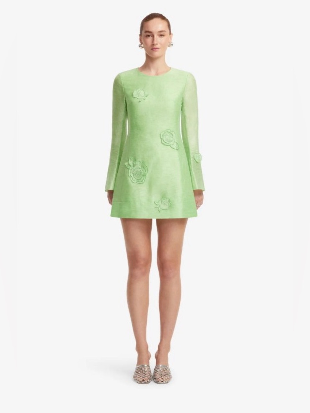 Leo Lin Suzanne Pistachio Green Linen Floral Appliqué Long Sleeve Mini Dress
